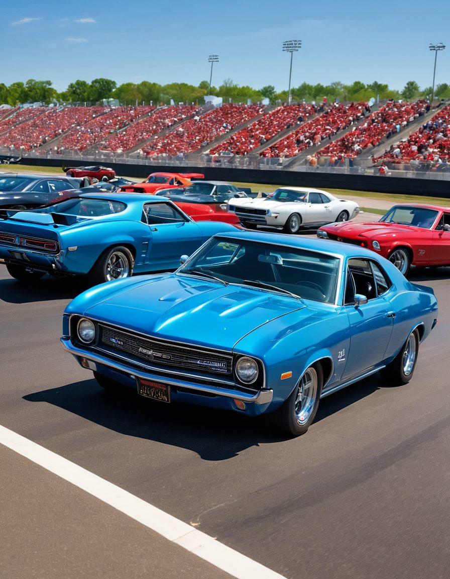 A dynamic scene capturing an exhilarating car exhibition with sleek, shiny cars on display, transitioning into a vibrant track day event with cars racing on a scenic racetrack, surrounded by cheering crowds and a picturesque Mid America Motorplex backdrop under a clear blue sky. Include a blend of classic and modern vehicles to represent diversity. super-realistic. vibrant colors. action-packed atmosphere.
