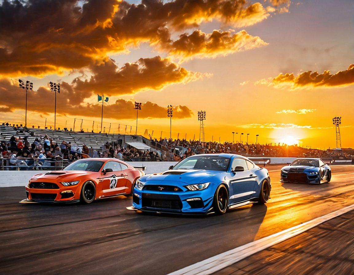 A dynamic scene showcasing a vibrant motorsport race at Mid America Motorplex, with powerful race cars speeding around the track, dust flying behind them, excited spectators in the stands, and a dramatic sunset sky in the background. Incorporate elements of racing flags and a digital scoreboard showing lap times. The atmosphere should feel energetic and exhilarating, capturing the essence of live motorsport. super-realistic. vibrant colors. cinematic style.
