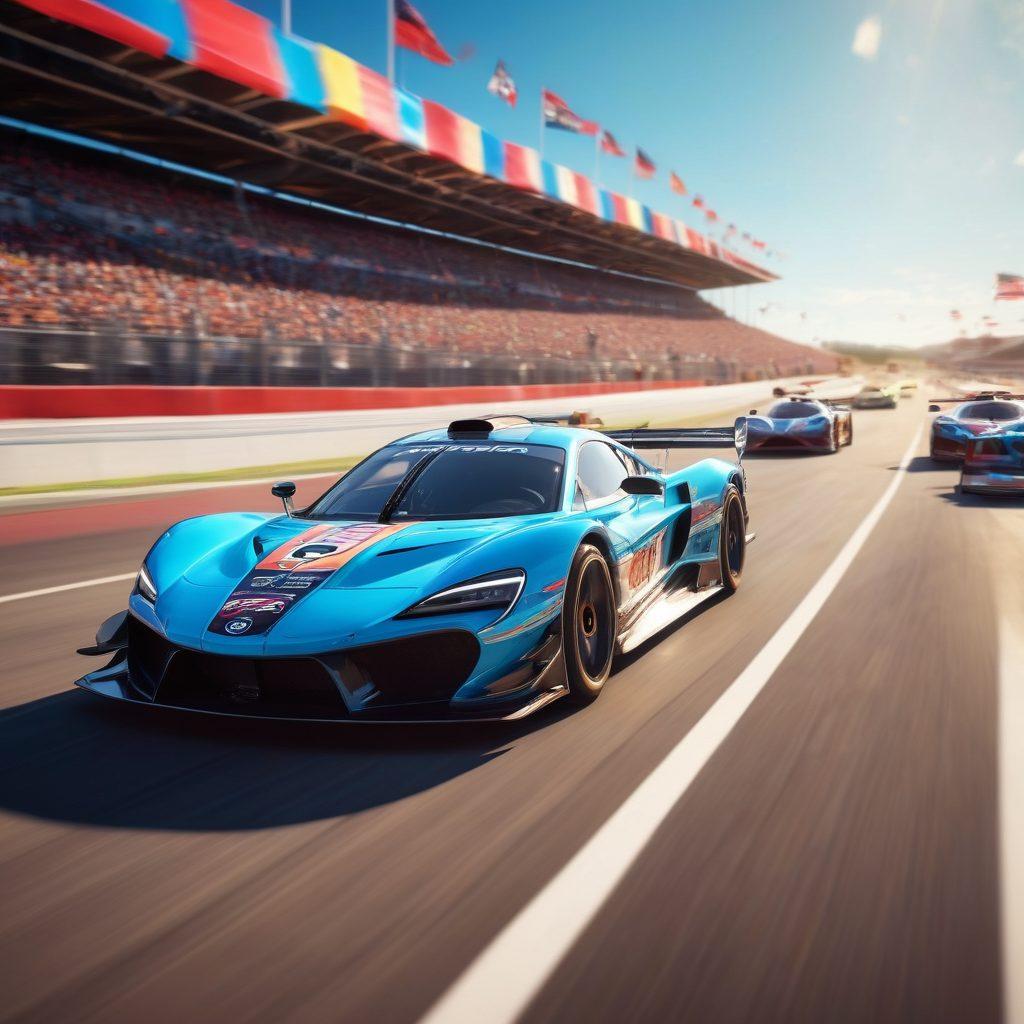 A thrilling scene of diverse auto racing cars speeding on a vibrant racetrack, with flags waving and a crowd cheering in the background. Include dramatic angles of the cars in motion, showcasing their sleek designs and colorful decals. Add blurred motion effects to emphasize speed, and use a sunny blue sky to create an exhilarating atmosphere. vibrant colors. super-realistic.